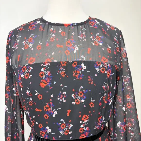 Lulus S Mini Dress Black Long Sleeve Floral Chiffon Ruffle Pleat Sheer Cottage - Picture 8 of 14